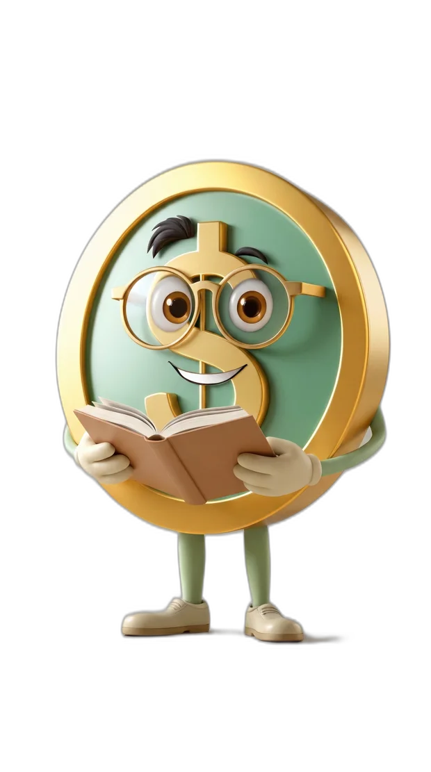 Sen, the Adulting Syllabus coin mascot, holding an open book